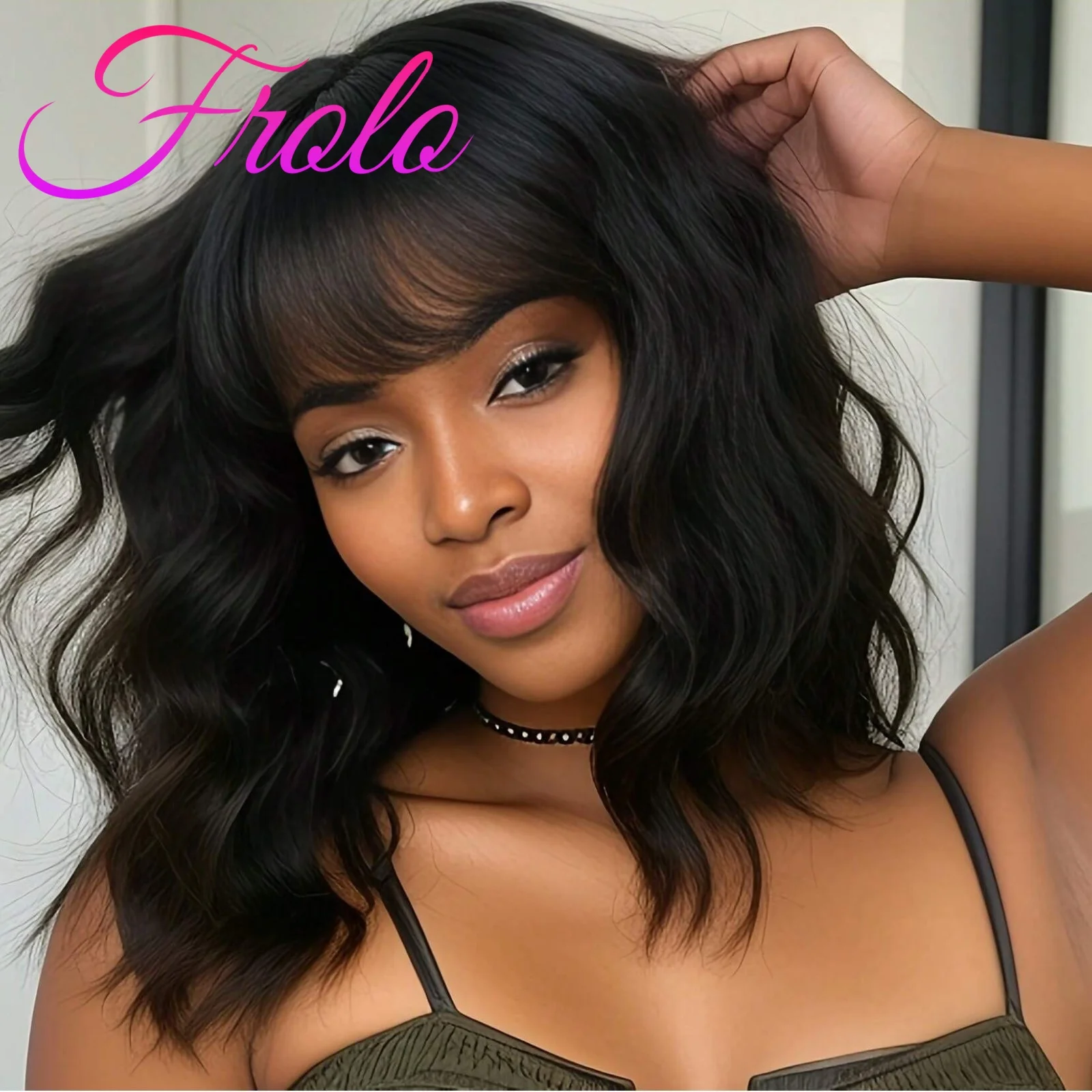 

Накладной парик с волнистыми прядями и челкой, короткий боб, из натуральных человеческих волос, полностью машинной работы, натуральный черный цвет, предварительно выщипанные пряди, бразильские волосы
