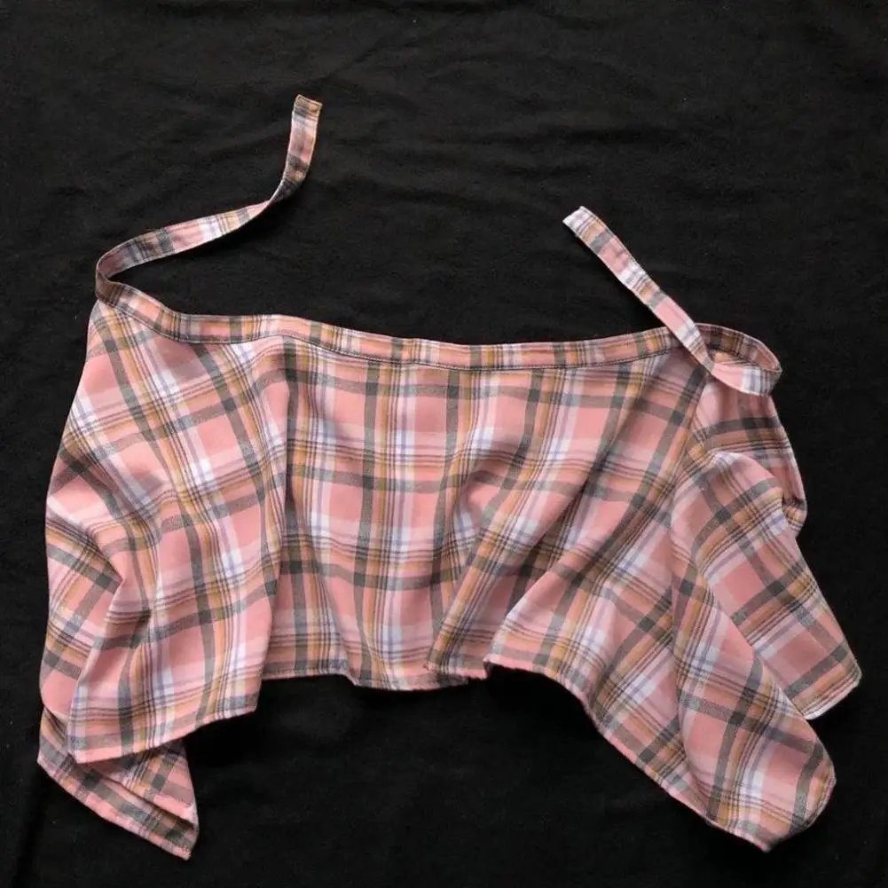 Lässiger Unisex-Rock mit unregelmäßigem Karomuster, Schleifenknoten, elastischer Taille, Hemdstil, blau-weißes Gittermuster, Mini-A-Linien-Kurzrock – Detail 3