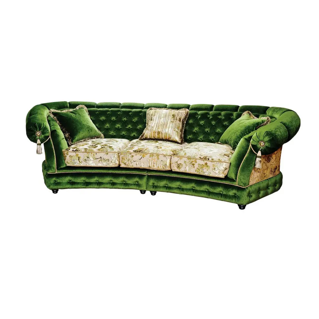 #European Style Royal Classic Vintage Green Sofa Set 3Seater Tufted Velvet Button Rolled Chesterfield Floor Sofa for Living Room