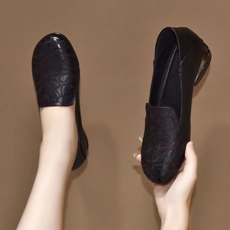 New 2024 Mid Heel Casual Women Heels Wedding Hollow Out Black Square Heel Formal Shoes Work Lady Fall Zapatilla Mujer Size 41