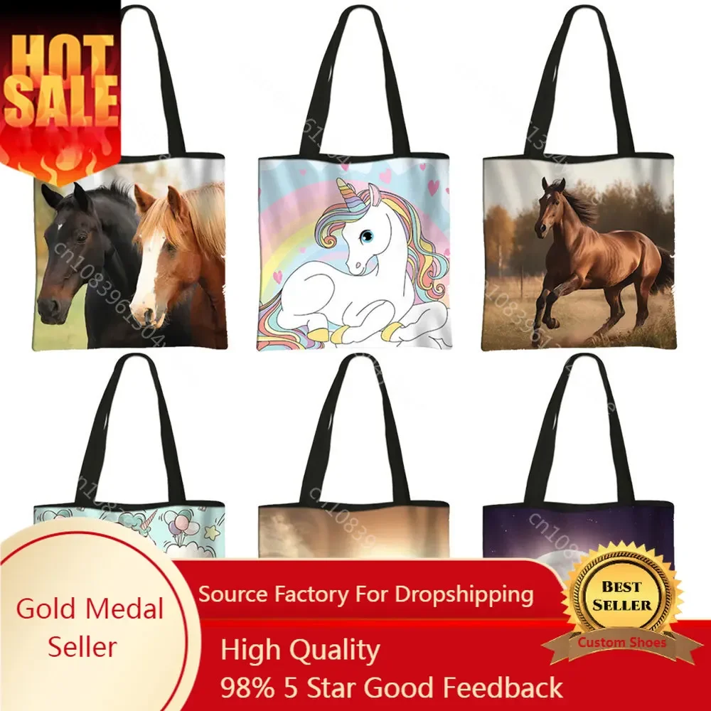 

Animal Horse Totes Bag Cute Unicorn Handbag Canvas Shoulder Large Capacity Storage Eco Reusble Shopping Bag Book Bag