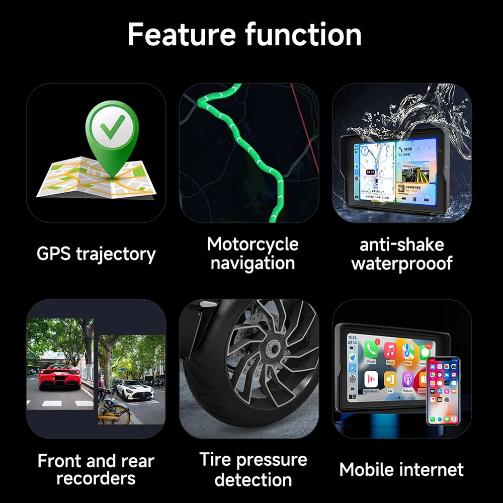 7-дюймовый мотоциклетный видеорегистратор, GPS-навигатор, видеорегистратор, беспроводной Carplay, Android Auto, IPX8, водонепроницаемая передняя и задняя камера для мотоцикла, Bluetooth дюйм