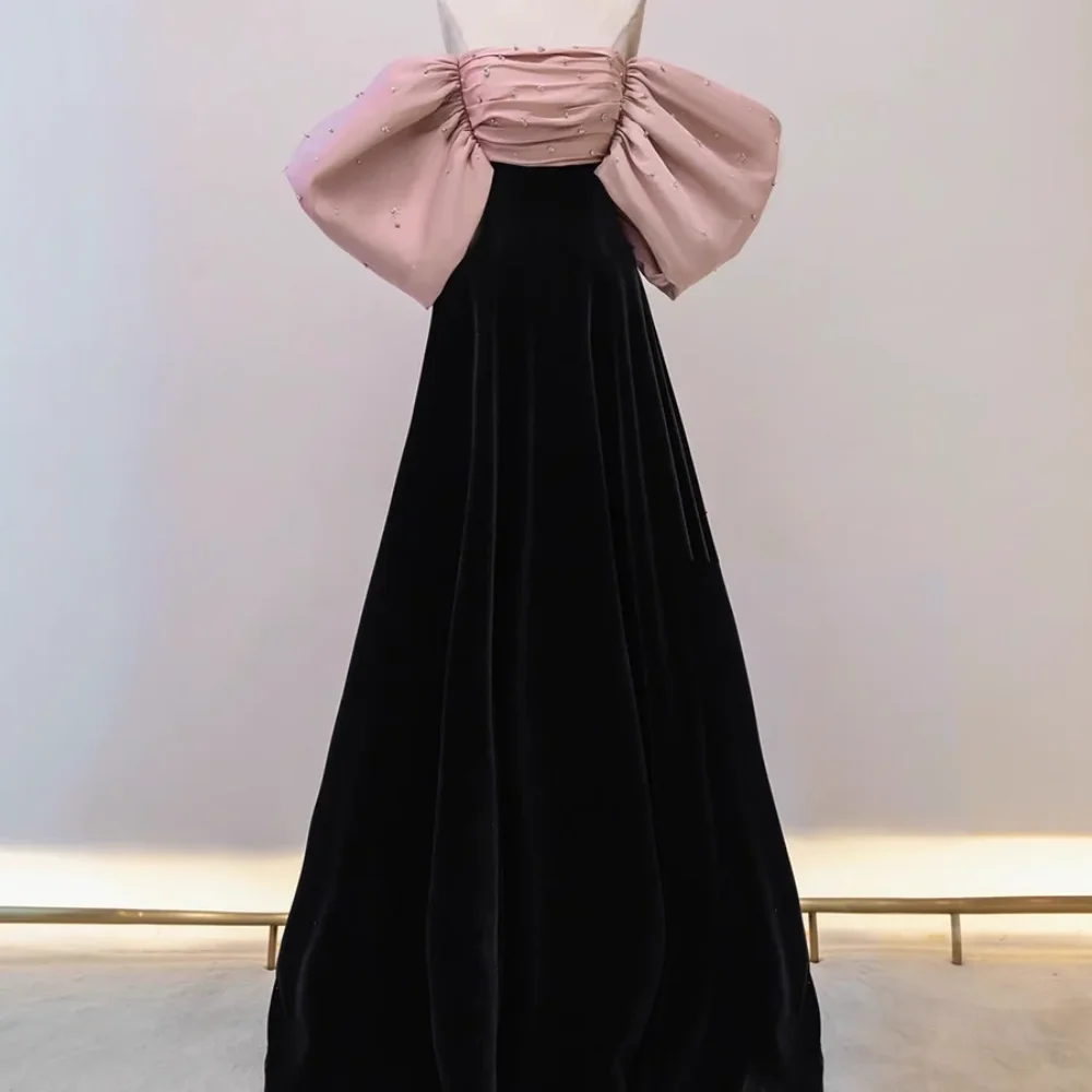 فساتين حفلة موسيقية مخصصة على شكل حرف A أنيقة وحديثة بدون حمالات رداء حفلات بدون أكتاف مطرز بالخرز فستان سهرة بفيونكة فيستدو دي نوفيا