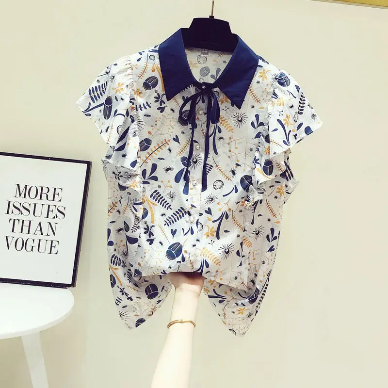 

Fre Floral Loose Women's ort Sve irt Summer Chiffon Blouse Bow Tie Casual Sle Mid-Length Collar Polyester Fiber