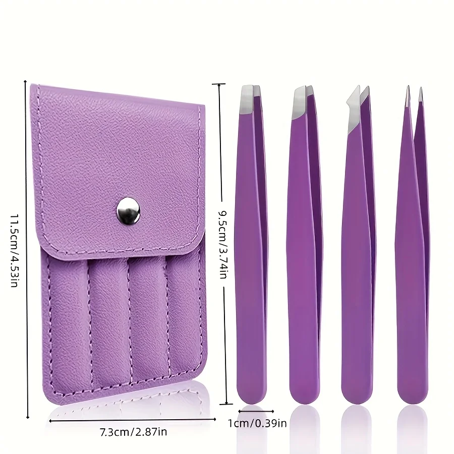 Ensemble de pincettes à sourcils en acier inoxydable, avec rangement, outils de maquillage violets pour extensions de cils, façonnage des sourcils et épilation, 4 pièces