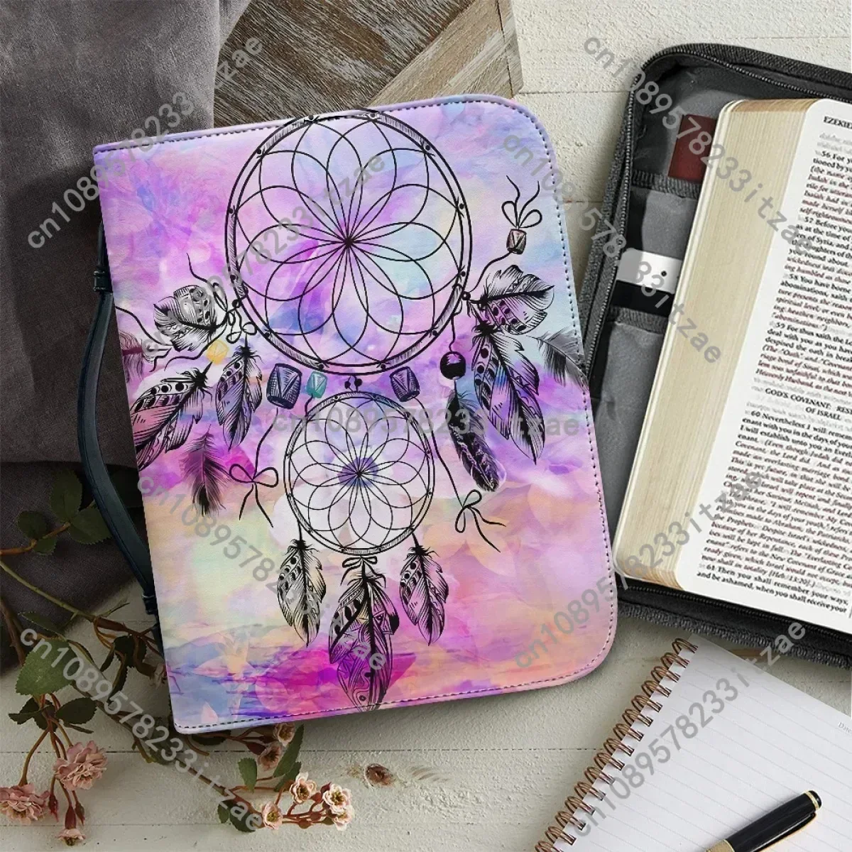 

PU Leather Bible Bag for Women Colorful Wind Chime Pattern Print Bible Cover Case Zippered Handle Handbags Bible Storage Bags