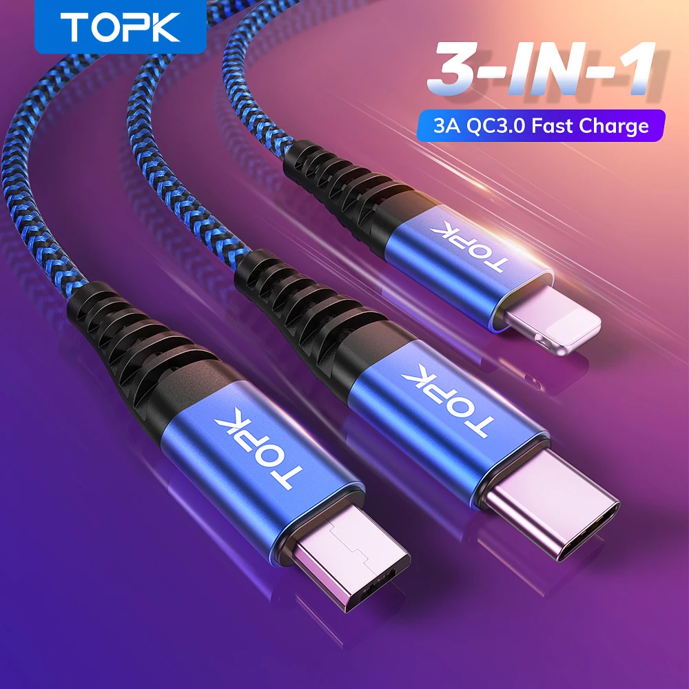 TOPK 3 in 1 Micro USB Type C Cable for iPhone 14 13 12 Plus X Xs Max Samsung Xiaomi Huawei 3A Fast Charging USB-C Date Cable