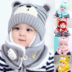 Inverno bambini neonate ragazzi Cartoon Bear Stripe Knit Hat Cap filato di lana sciarpa paraorecchie Warm Keep Set for Outdoor Caps