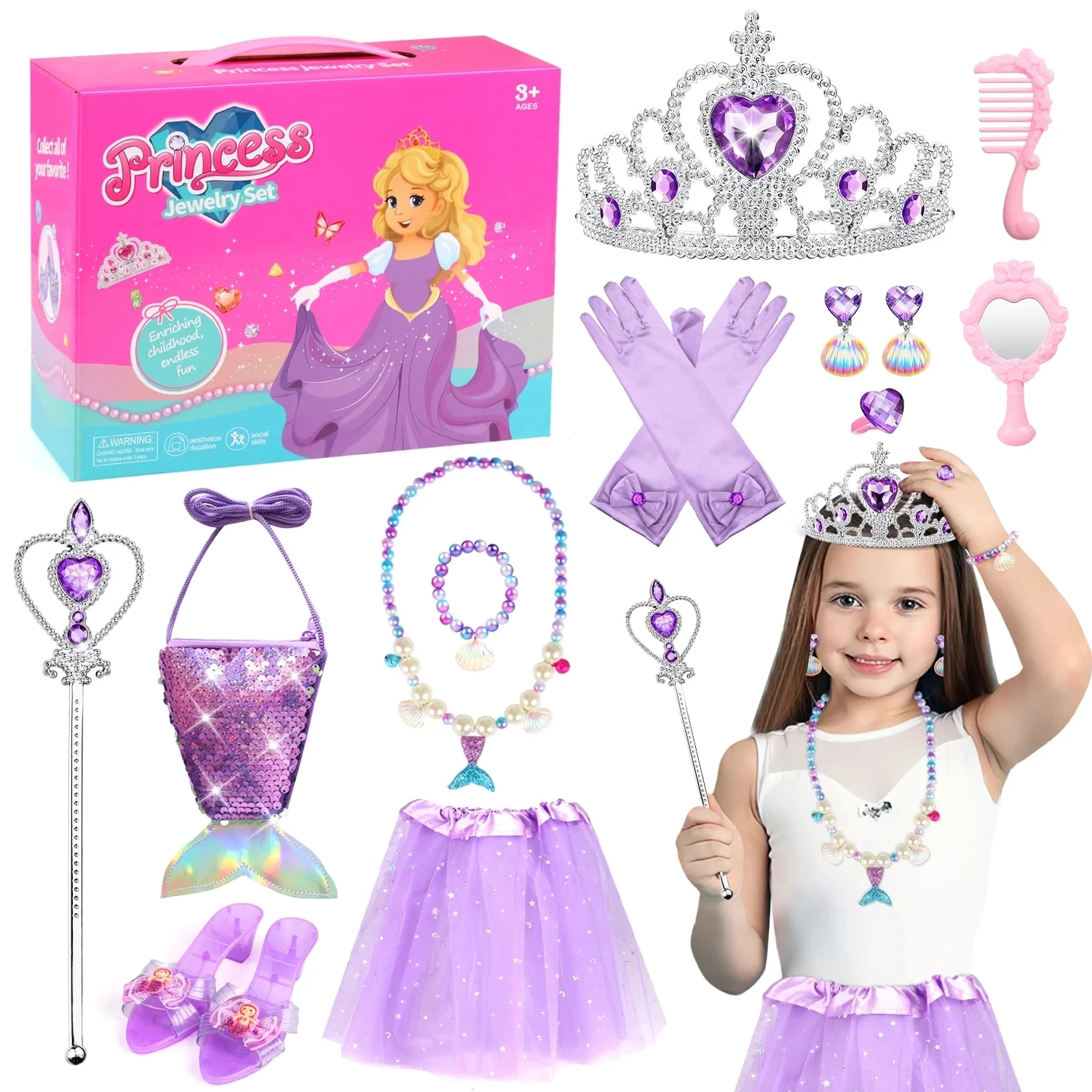 Princess Dress Up Toy For Little Girls, Toddle Dress Up Princess Pretend Play with Princess Shoes, Crown & Jewelry, Girls Gifts