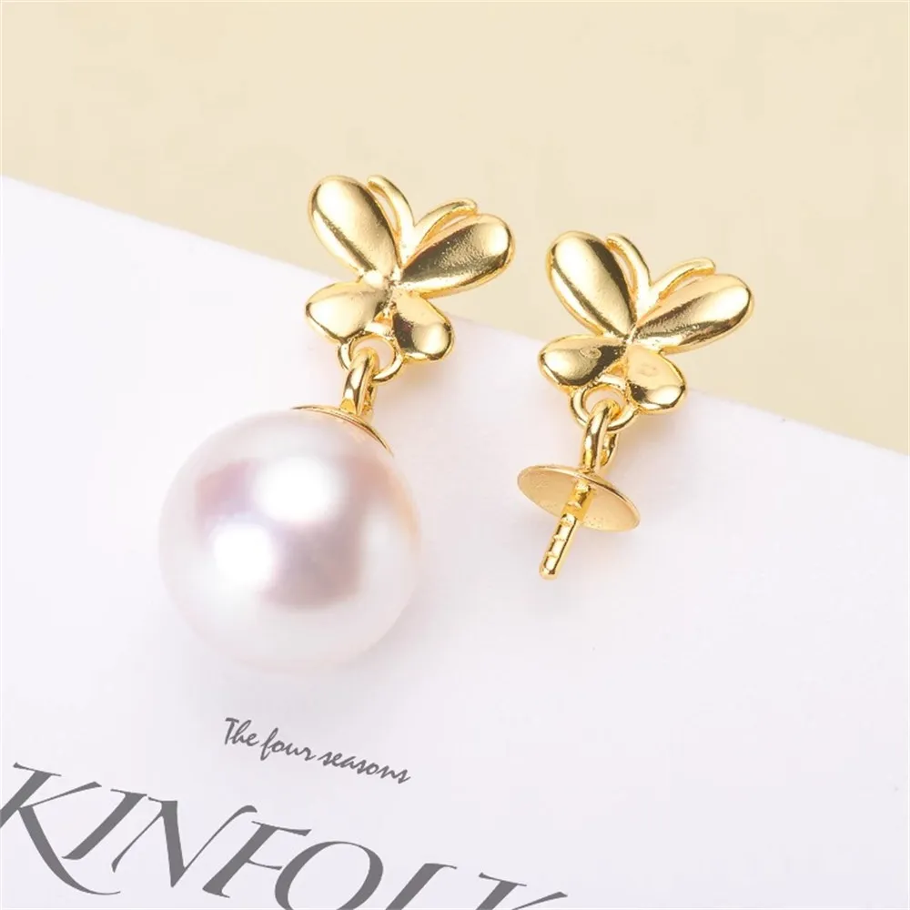 

DIY Pearl Accessories S925 Pure Silver Ear Nail Empty Holder Butterfly Pearl Earring Holder Fit 7-11mm Round Elliptical Beads