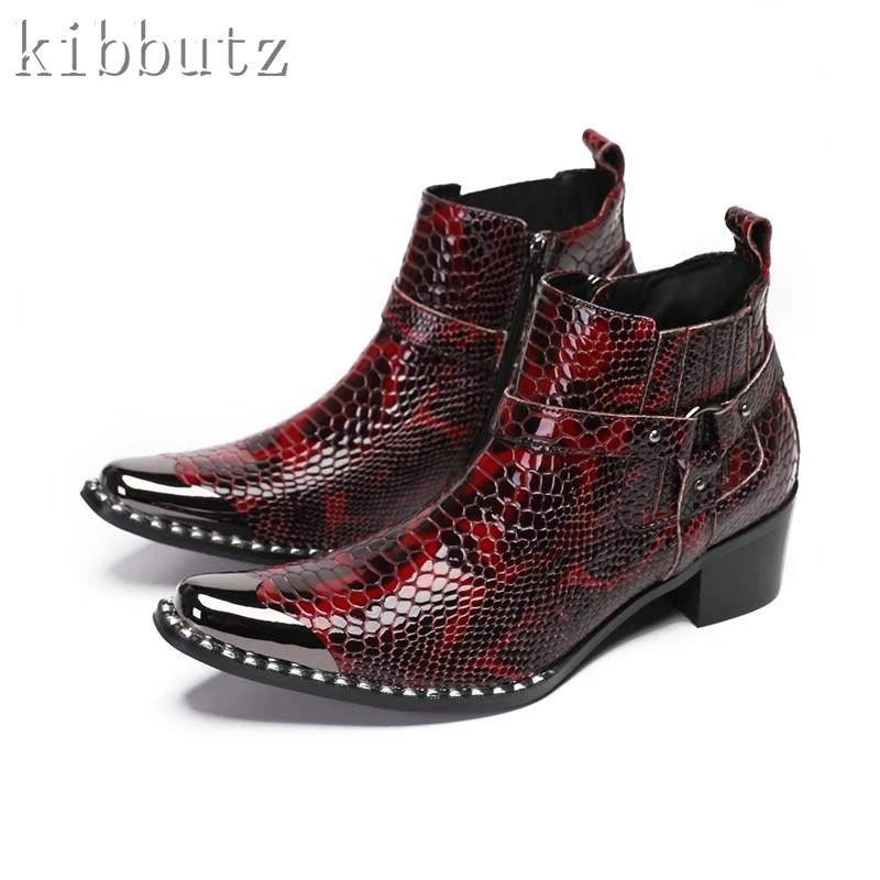 Black Red Snake Pattern Men Short Boots Desinger Metal Toe Genuine Leather Rivets Ankle Boots Wedding Banquet Dress Shoes