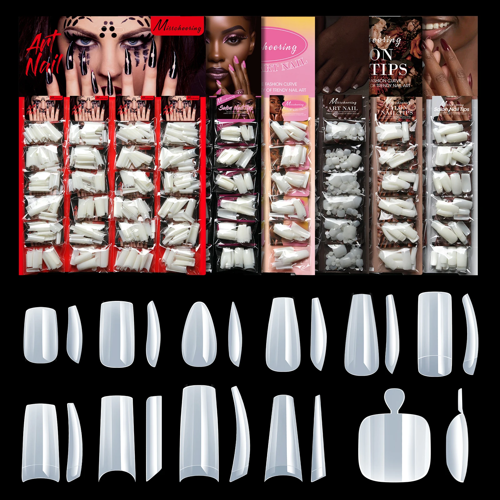 Salon-Nagelspitzen Weiß Transparent Künstliche Nägel Verschiedene Formen Coffin Mandel Quadratisch Stiletto Lange Falsche Nagelverlängerungen Maniküre Nagelkunst