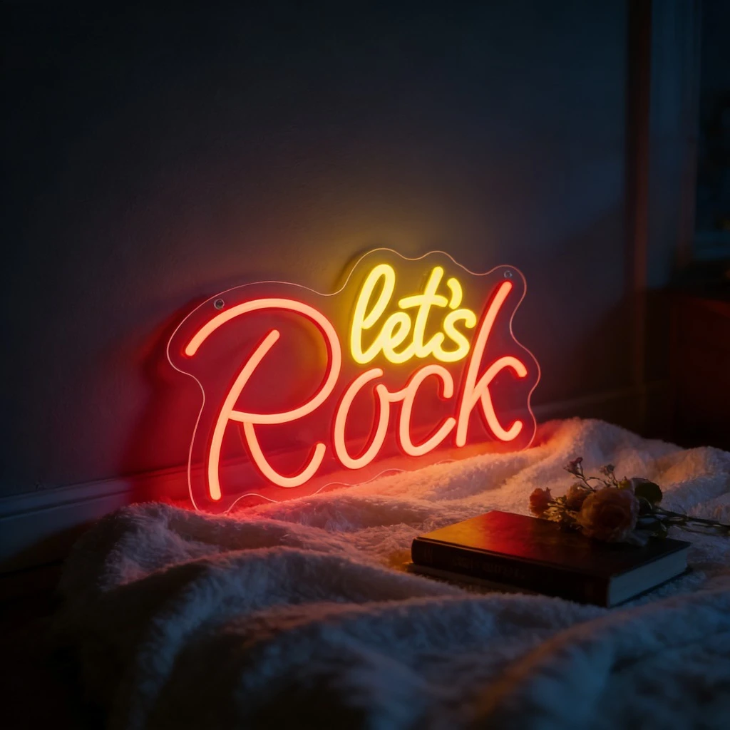 

Неоновая вывеска Let's Rock: Желто-красный динамичный шрифт для спальни, гостиной, бара, вечеринки. Светодиодный настенный декор, модное освещение для дома.