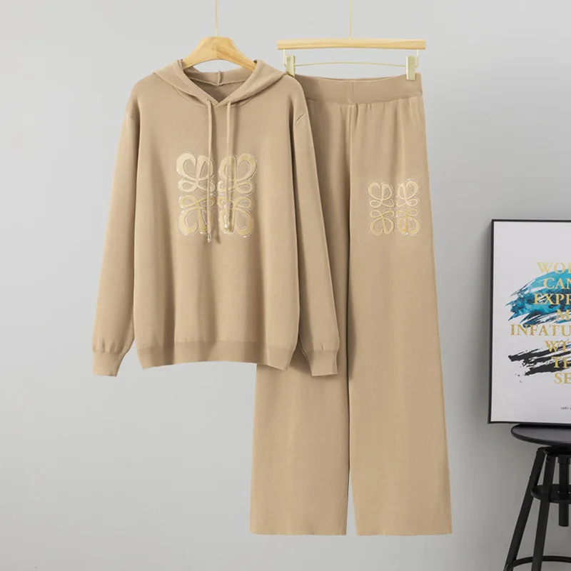 

Elegant Simple Knitted Set Women's Autumn/Winter Hooded Casual Sweater Wide Leg Pants Two Piece Set