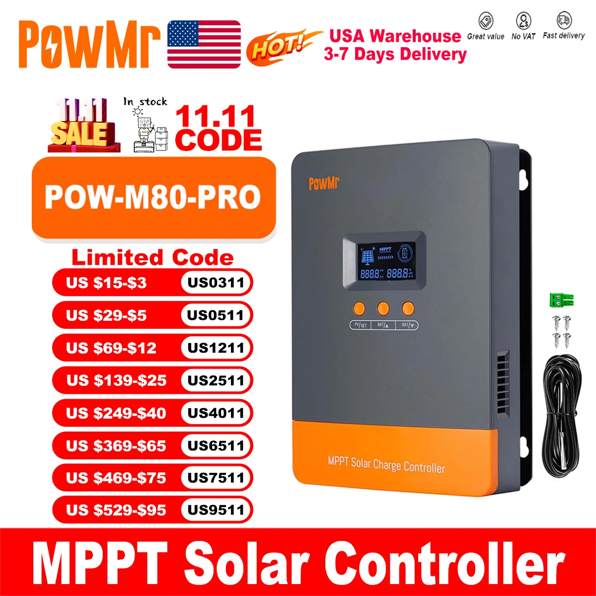 PowMr USA 80A MPPT Solar Charge Controller 12V 24V 36V 48V Solar Battery 160V Panel Intelligent Regulator for Lead-acid/Lithium