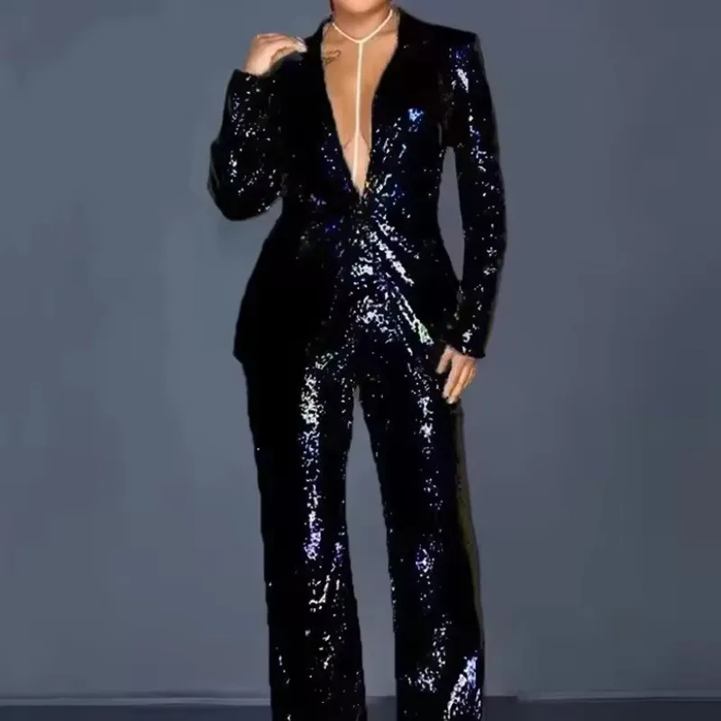 Fashion Solid Women 2 Pieces Sets Blazer Pant Suits Spring 2025 Long Sleeve Sequins Blazer Coat High Waist Wide Leg Pants Female