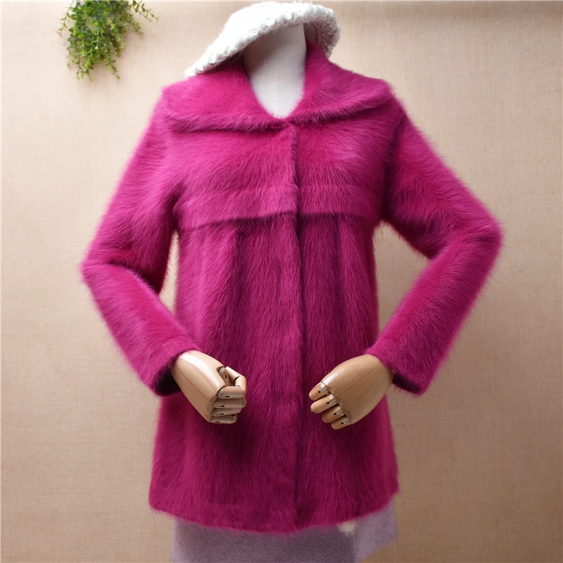 Female Women Fashion Pull Rose Hairy Mink Cashmere Knitted Turn-Down Neck Slim Cardigan Angora Rabbit Hair Jacket Coat Sweater