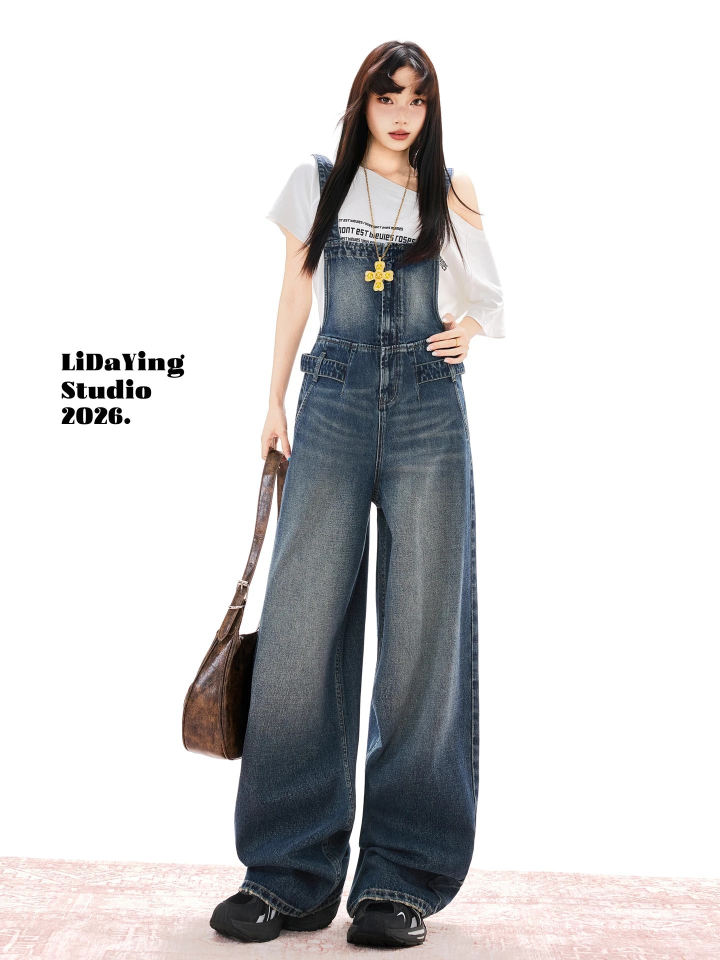 

American Retro Denim Overalls Women's Loose High Waist Wide Leg Pants Workwear Design Slimming Effect Spring Summer Autumn