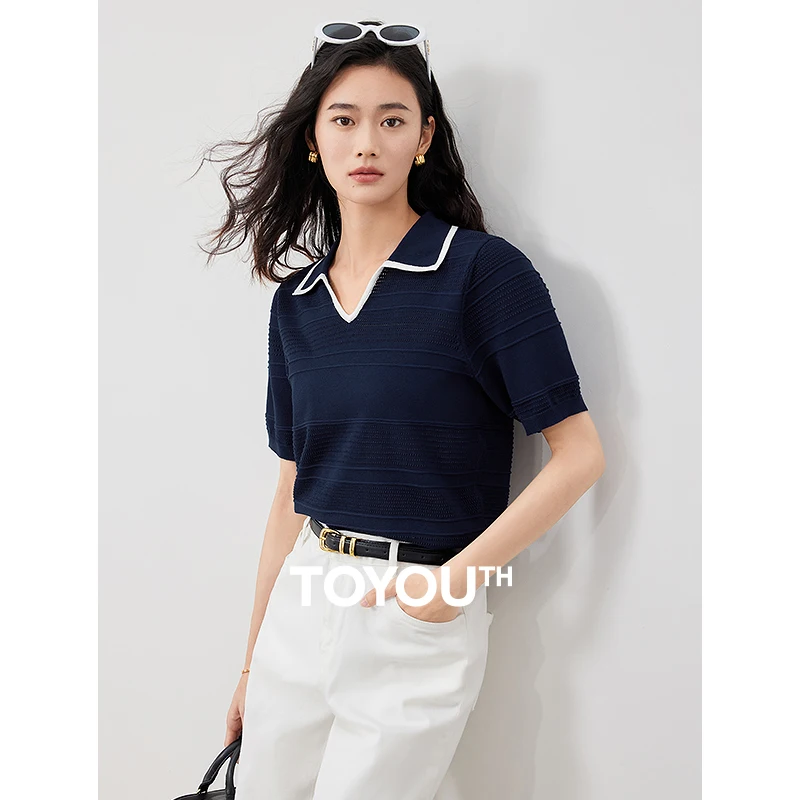 TOYOUTH Women Knitwear 2024 Summer New POLO V neck Collar Contrast Color Short Sleeve Knitwear Pullover Thin Short Top