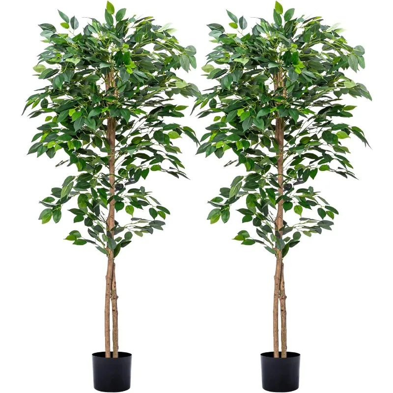 

2Pc 5FT Ficus Trees Artificial with Realistic Leaves and Natural Trunk, Faux Ficus Tree with Plastic Nursery Pot,Fake Ficus Tree