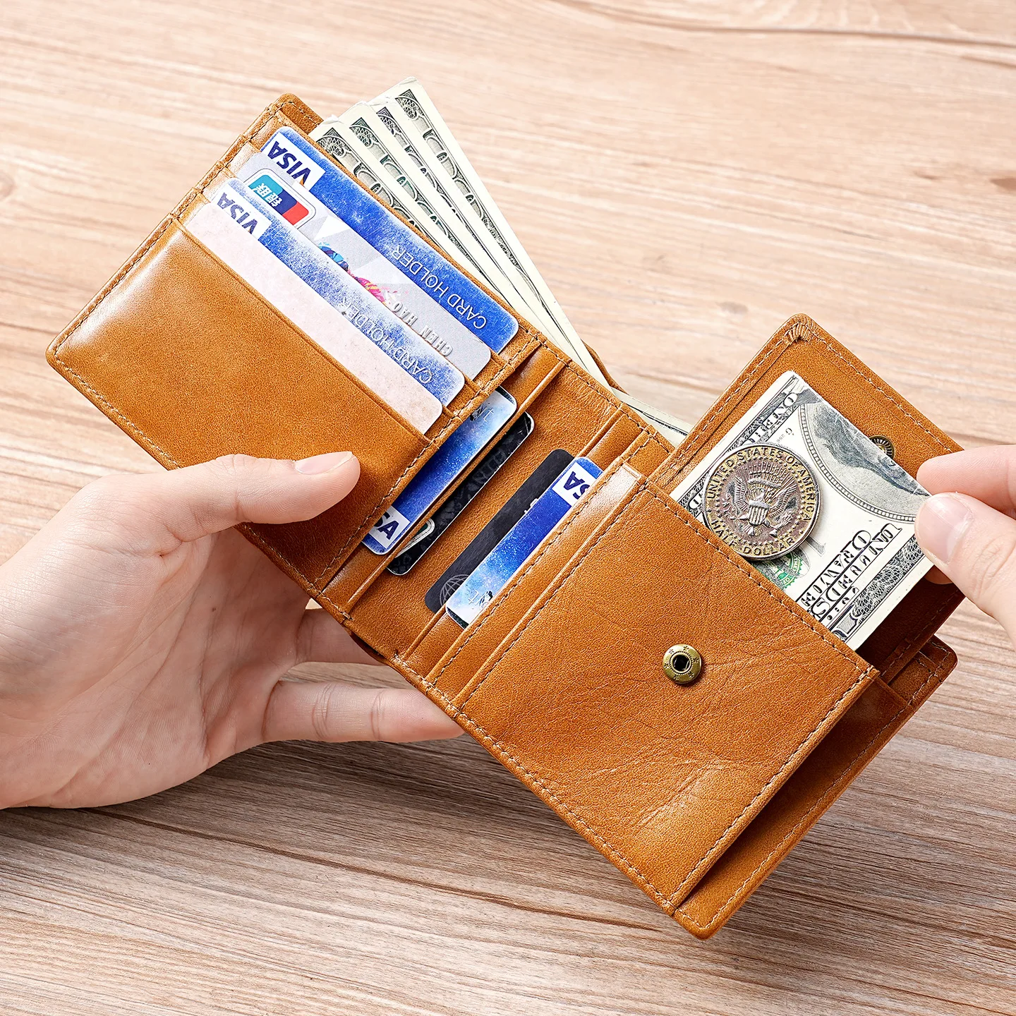 RFID Blocking Waxed Leather Men's Wallet - Anti-Theft Slim Bifold with Magnetic Card Slot, Top Grain Leather