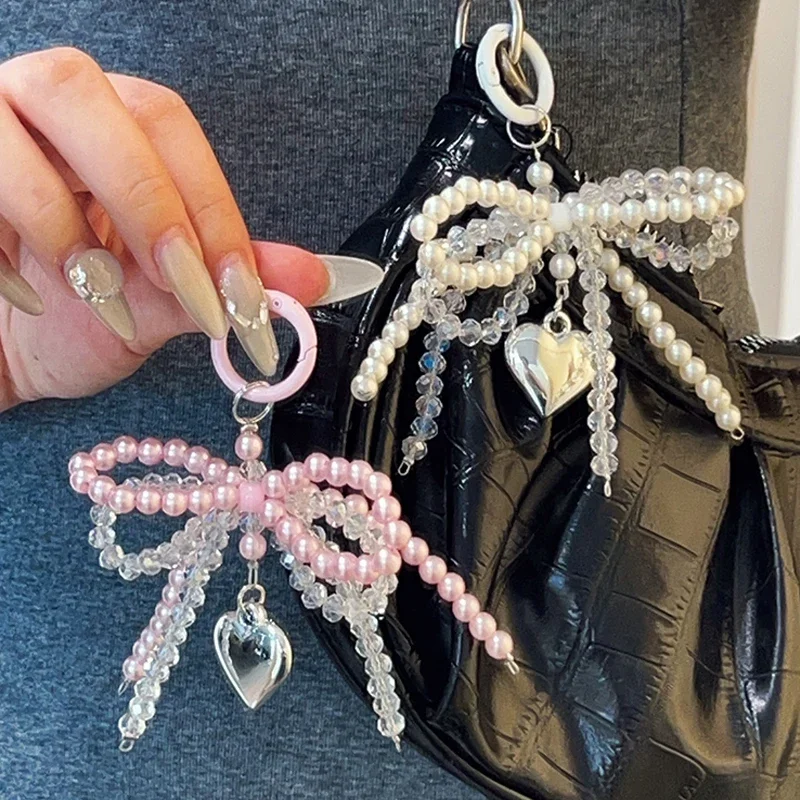 Y2K Lattice Ribbon Bowknot Pearls Bag Pendant Charm Heart Keychain Elegant Beaded Keyring Sweet Key Chain Phone Key Bag Hangings