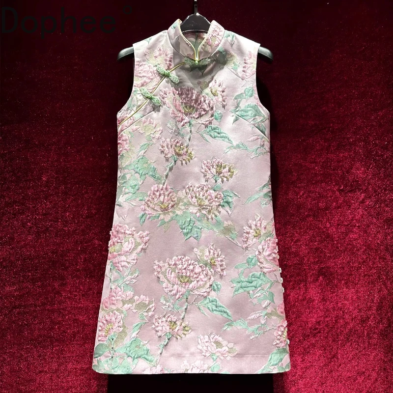 

Винтажное китайское ветровое женское платье Cheongsam с воротником-стойкой и бисером, короткое платье трапециевидной формы без рукавов, летнее роскошное вечернее платье