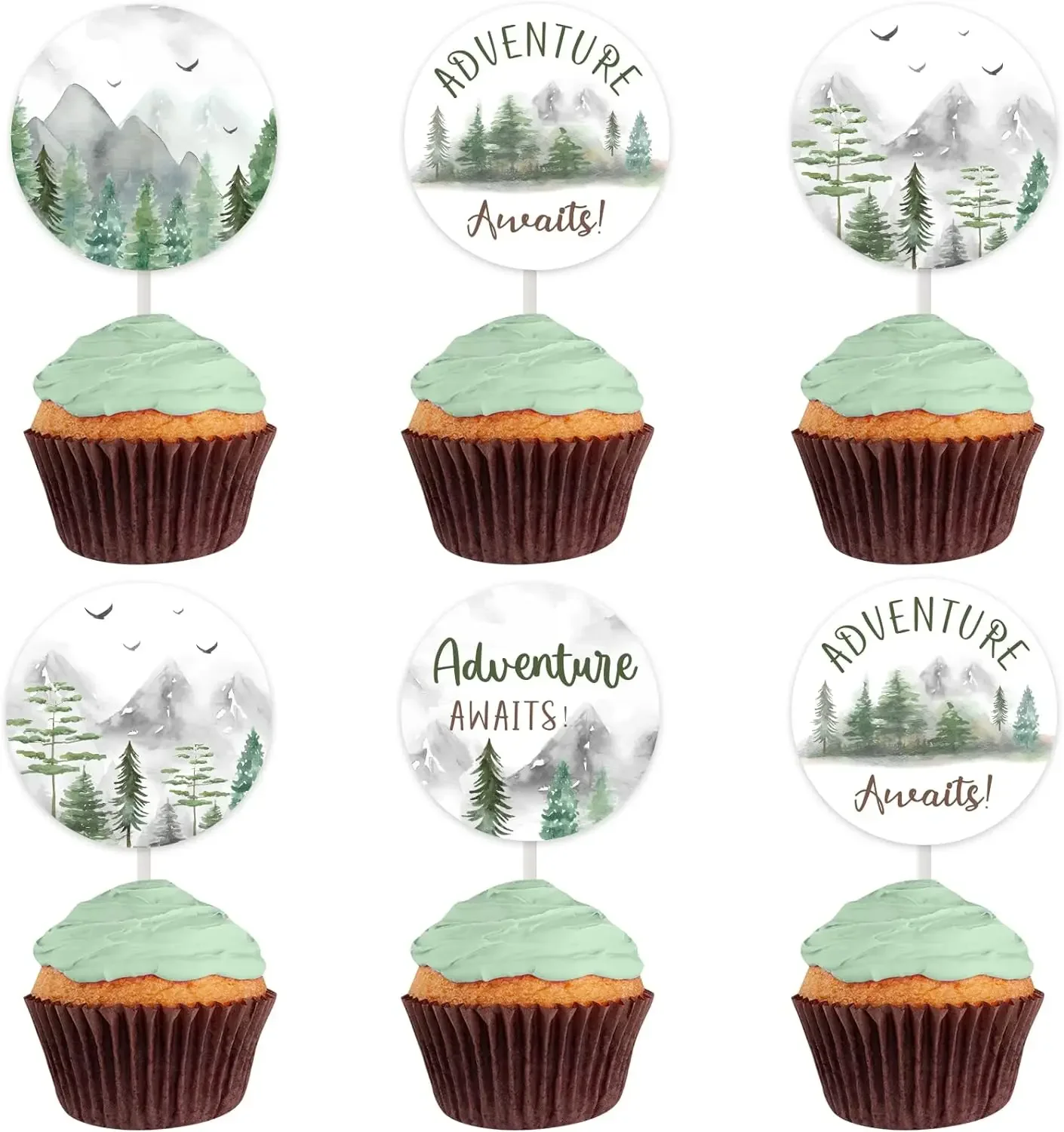 Mountain Tree Adventure Cupcake Topper, Baby Shower Decorations, Cupcake Cake Topper, Travel, Wedding Party, 12Pcs