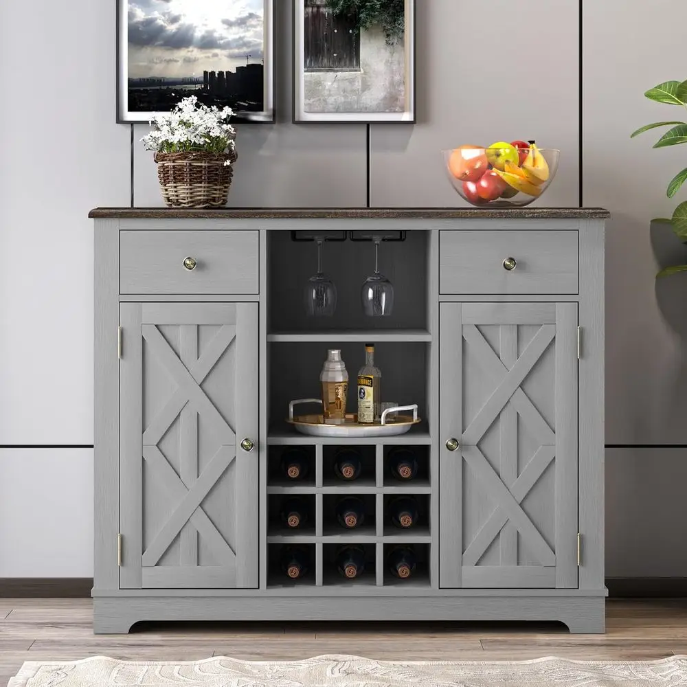 

Grey 42 Dual-Door Wine Cabinet with Glass Door, Rack, and Smooth Top for Kitchen or Dining Room