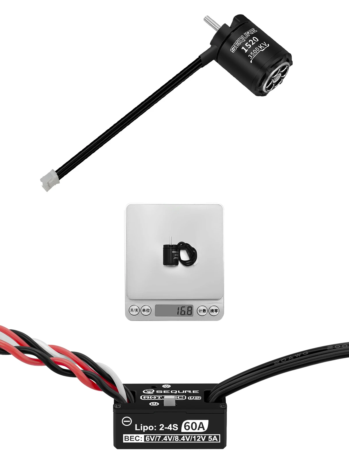 SEQURE ANT ESC V2 60A 2-4S Brushless ESC with 1520 Motor Power Kit for 1/16 1/18 1/24 RC Climbing Car