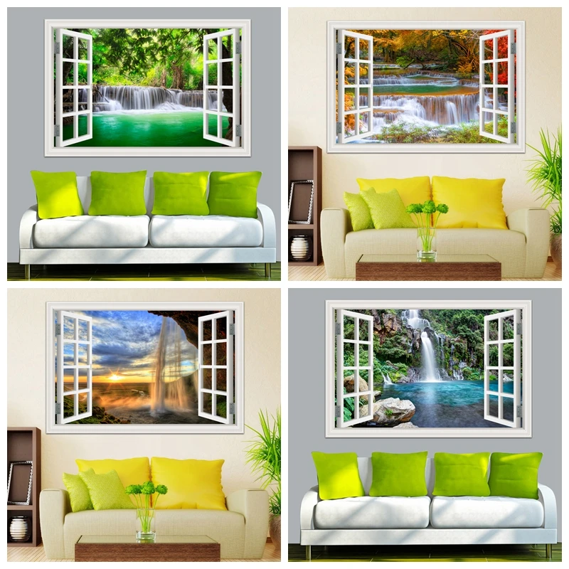 

Waterfall Forest 3D Window View Wall Sticker Nature Landscape Vinyl Decal Wallpaper Peel And Stick For Living Room Decor