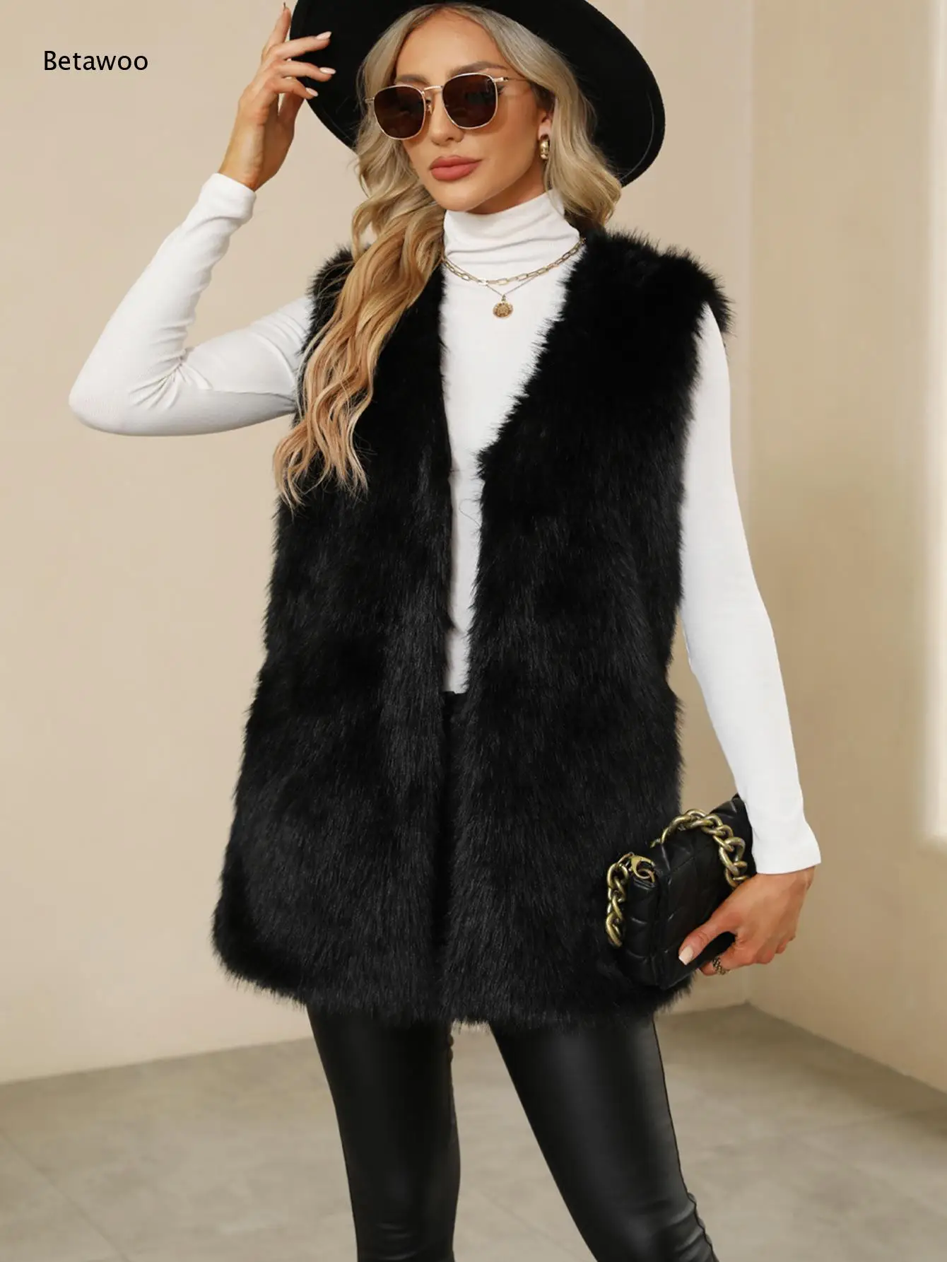 Trendy Women Mid Length Faux Fur Sleeveless Vest Open Front Shaggy Furry Texture Elegant Winter Layering Outerwear