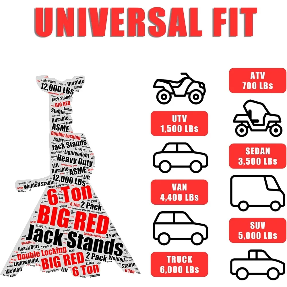 حامل جاك فولاذي بقفل مزدوج بسعة 6 طن، أحمر، مجموعة من 2