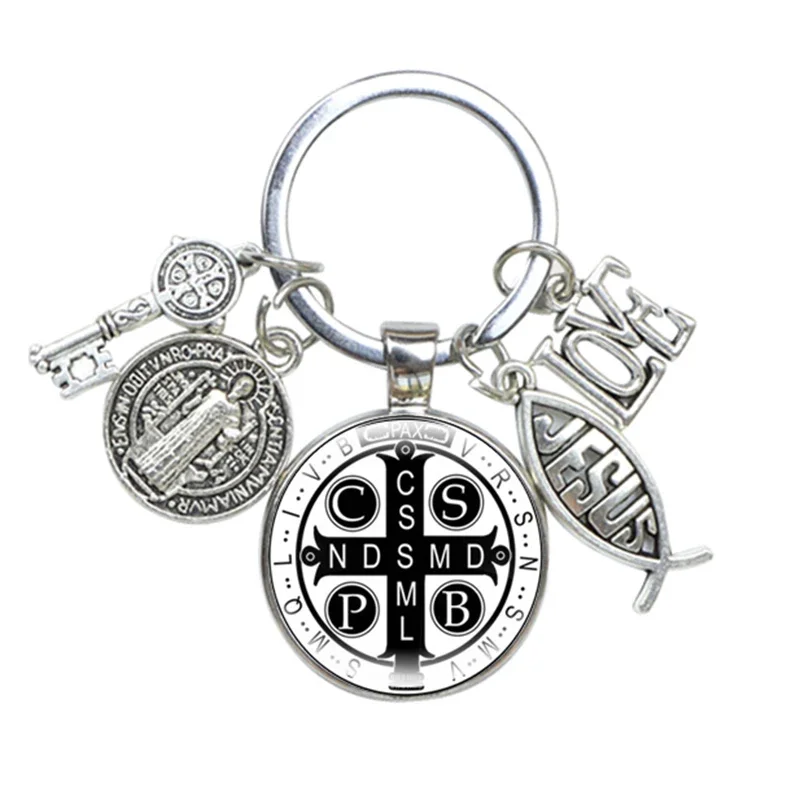 Saint Benedict Medallion Keychain Religious Jewelry I LOVE JESUS Alloy Crafts Charms Domed Glass Catholic San Benito Key Ring