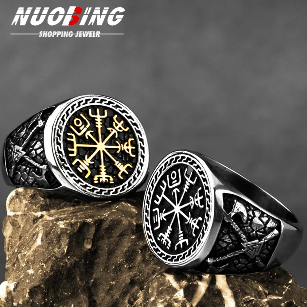 Vintage Viking Men Rings Stainless Steel Ethnic Belief Nordic Odin Compass Rune Stamp Ring Amulet Jewelry Accessories