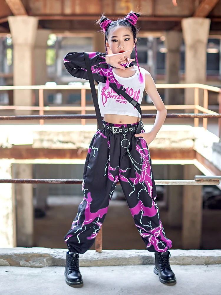 New Girls Jazz Dance Costume One-Sleeve Suit Navel Loose Hip Hop Clothing Children Concert Street Dance Performance Wear BL8186