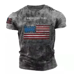 Boutique Losse Retro Korte Mouw Mode Amerikaanse Vlag Brief Print 3D O Hals Nieuwe Mannen Zomer Plus Size T-shirt tops 2024