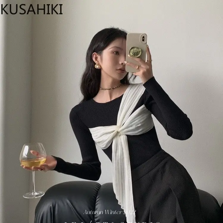 KUSAHIKI Korean Versatile Design Ribbon Bow Sweater Spliced Ribbon Elegant Knitted Pullovers for Women