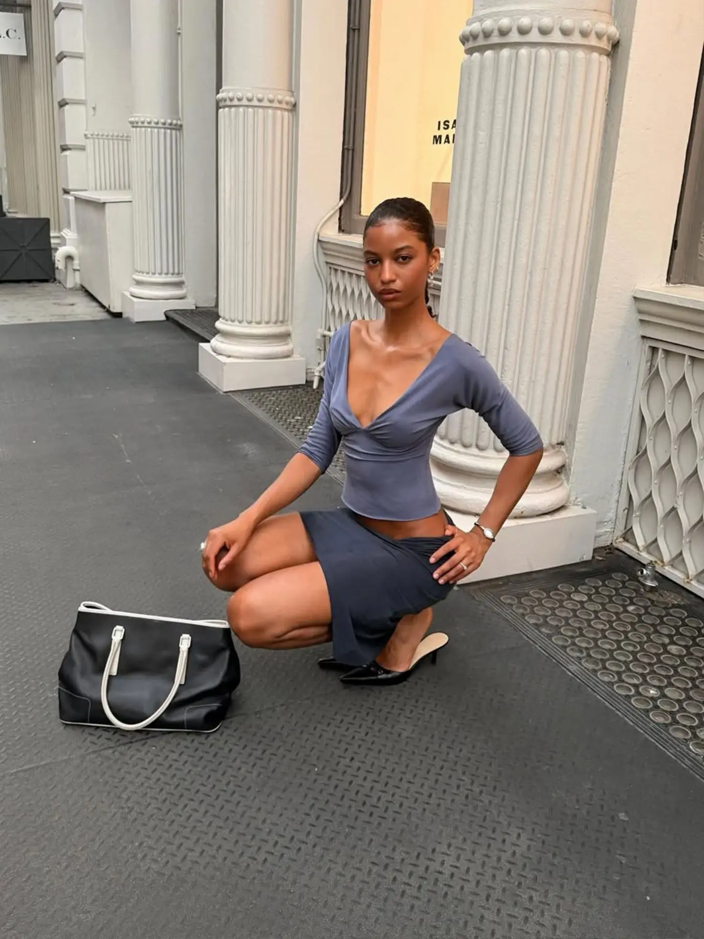With Jean Misty Blue-Purple Deep V-Neck 3/4 Sleeve Top With Pleated Neckline and a Fitted Short Style Top