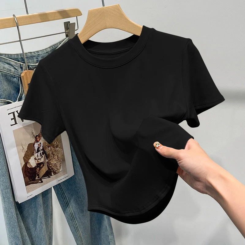 Summer Short Sleeve T-Shirt Women's New 2025 Asymmetrical Large Atmosphere Meat Covering Summer Shoulder Simple round Neck Ve...
