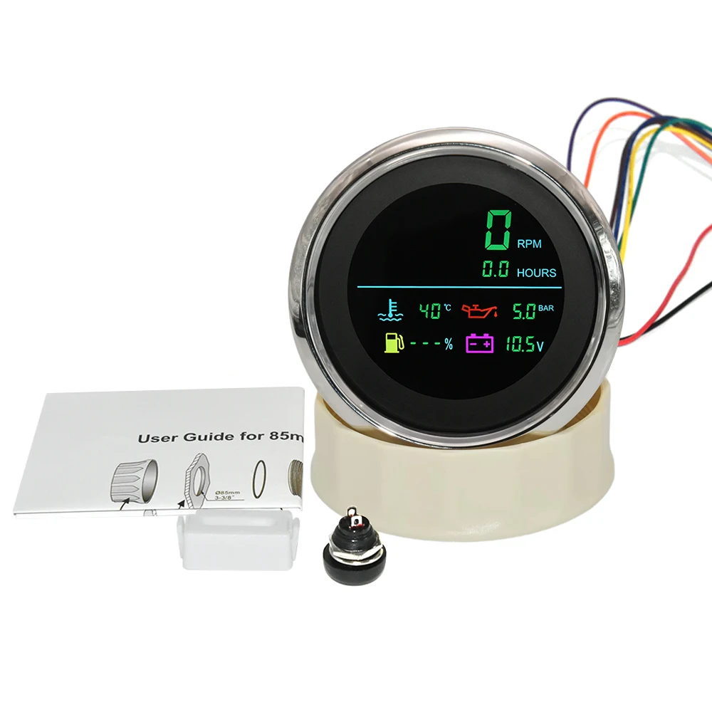 New 6 In 1 85mm LCD Multi-Function Tachometer Fuel Gauge Water Temperature Oil Pressure 0-10 Bar Sensor For Boat Car Customized