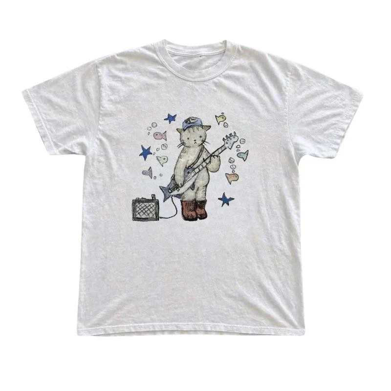 White Rock Cat Pattern T-shirt, Y2K Retro Decadent Style Y2K Men's T-shirt Four Seasons New Style Unisex T-shirt