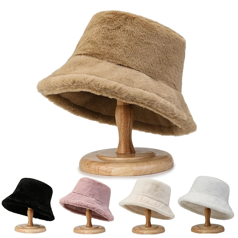 Fashion Women Fluffy Fur Bucket Hat Winter Warm Soft Plush Fisherman Panama Cap Femme Vintage Bob Sunbonnet Visors Gorro