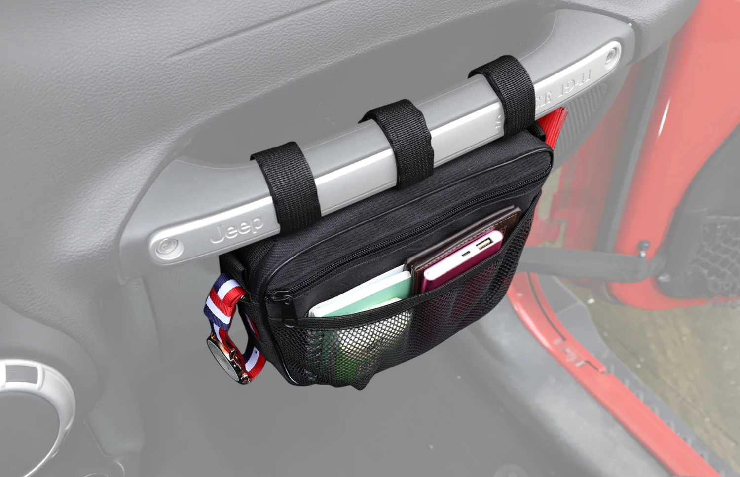 Car Front Passenger Grab Handle Storage Bag Co-pilot Armrest Organizer for Jeep Wrangler TJ JK JL Gladiator JT 4XE 1997-2026 view 6