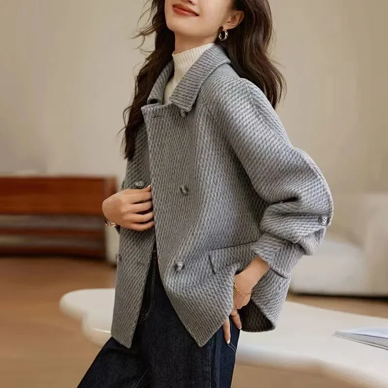 

Autumn Winter Women's Woolen Coats New Fashion Korean Solid Short Outerwear Loose Double Breasted Woolen Jacket Female Tops L210