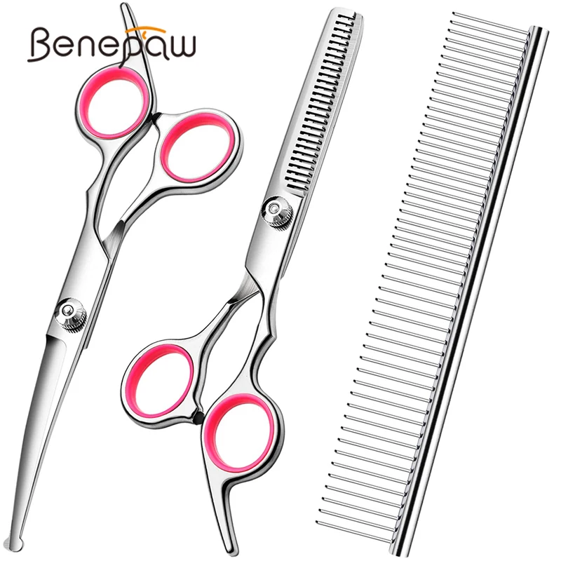 Benepaw Stainless Steel Dog Scissors Kit Safety Tips Professional Pet Grooming Shears Clippers Set Thinning Curved Scissors Comb