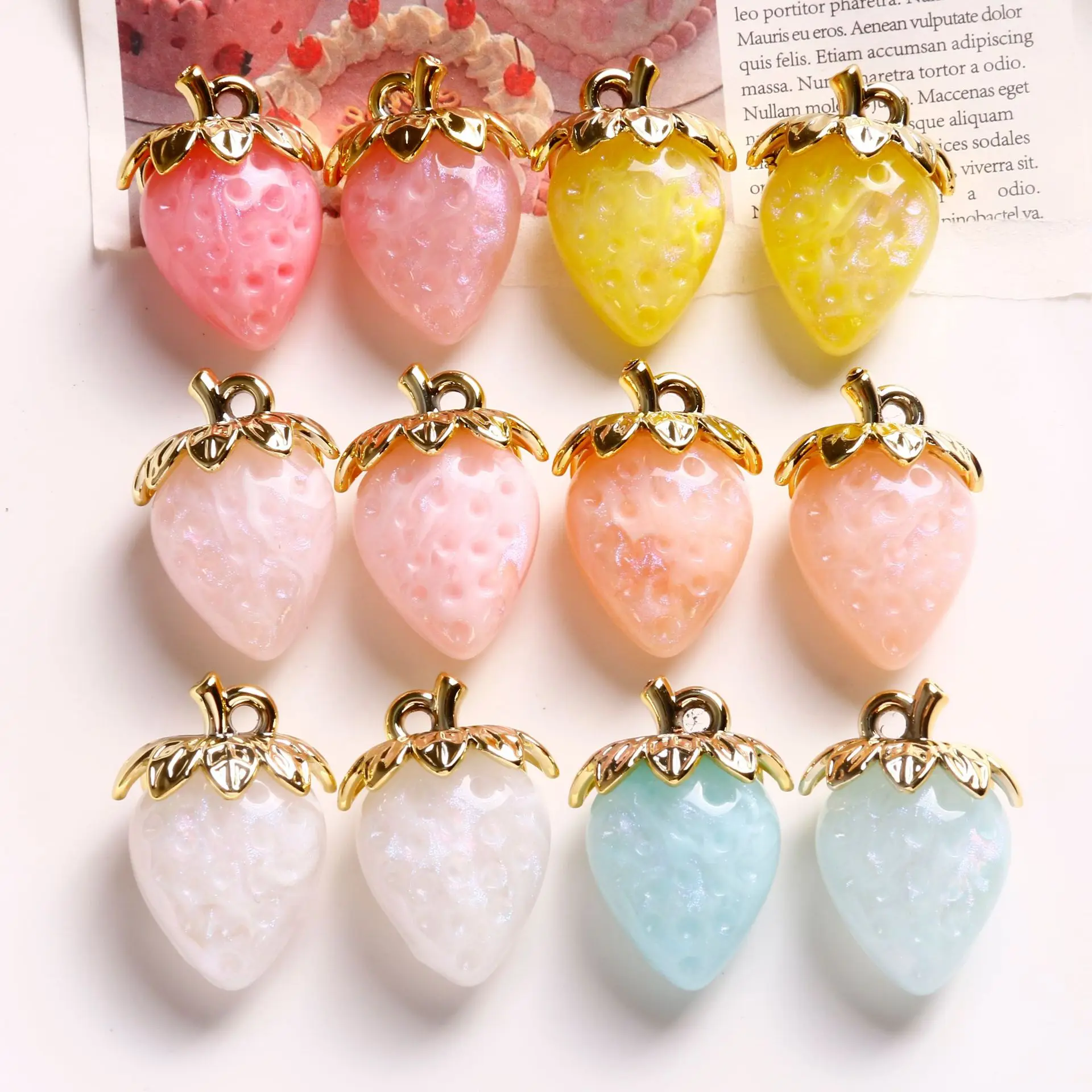 2pcs Korean version of mermaid ji glitter powder smudging three-dimensional strawberry gold leaf accessories DIY earrings hair a