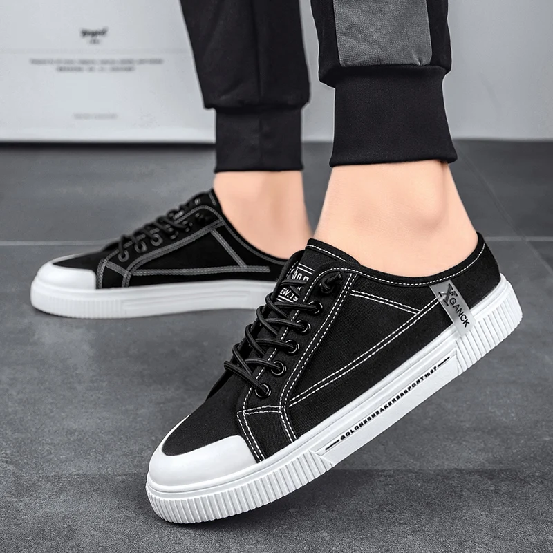 

2025 New Fashionable Black Canvas Shoes Classic Versatile Flat Half Slippers Comfortable and Breathable Sneakers for Lazy Men