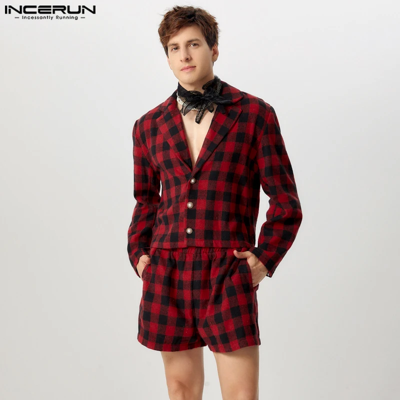 INCERUN 2024 American Style Stylish Sets Men Long Sleeved Suit Coat Shorts Handsome Male Personality Grid Pattern Suit 2 Pieces