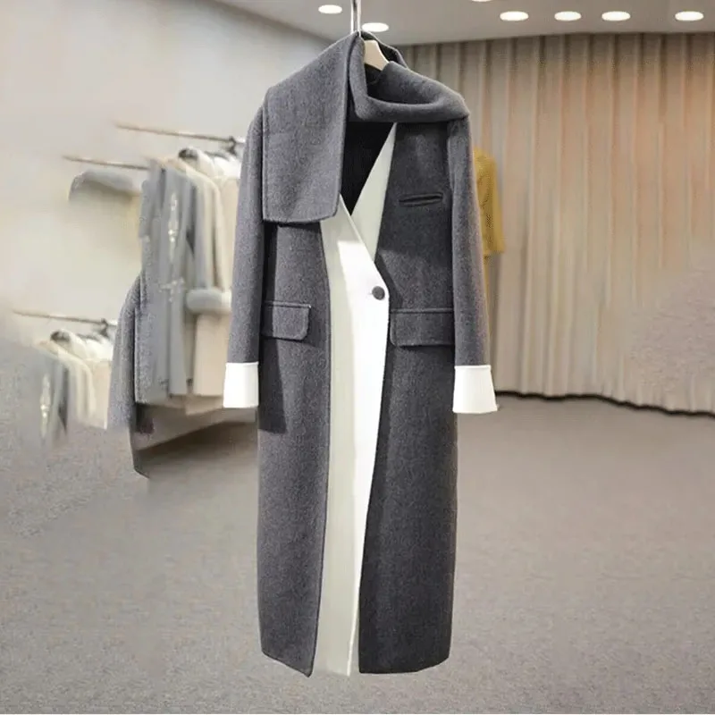 Contrast Stitching Double-Sided Woolen Jacket Women Overcoat Autumn Winter New Scarf Collar Fake Two Long Loose Wool Windbreaker